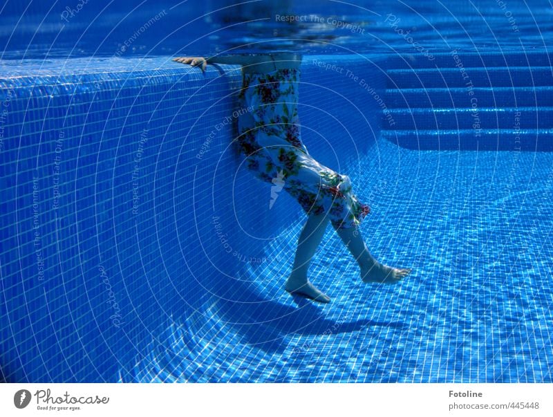 cooling down Human being Feminine Child Girl Infancy Hand Fingers Legs Feet 1 Elements Water Summer Cold Wet Blue Swimming pool Dress Swimming & Bathing