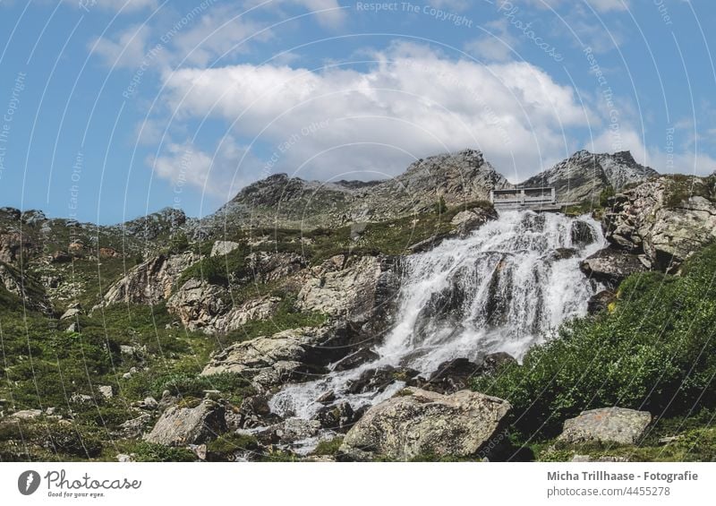 Waterfall in Kaunertal / Austria Riffelbach - Waterfall Tyrol Alps Flow overthrow sb./sth. plummet Landscape Nature Rock Stone stone mountains trees Sky Clouds