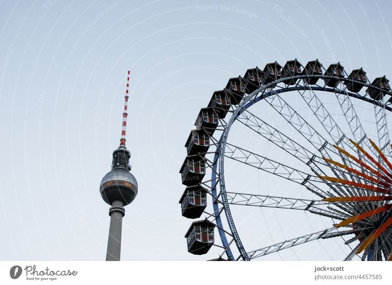 High tower meets Ferris wheel Berlin TV Tower Landmark Theme-park rides Attraction Tall Silhouette Neutral Background Cloudless sky Downtown Berlin