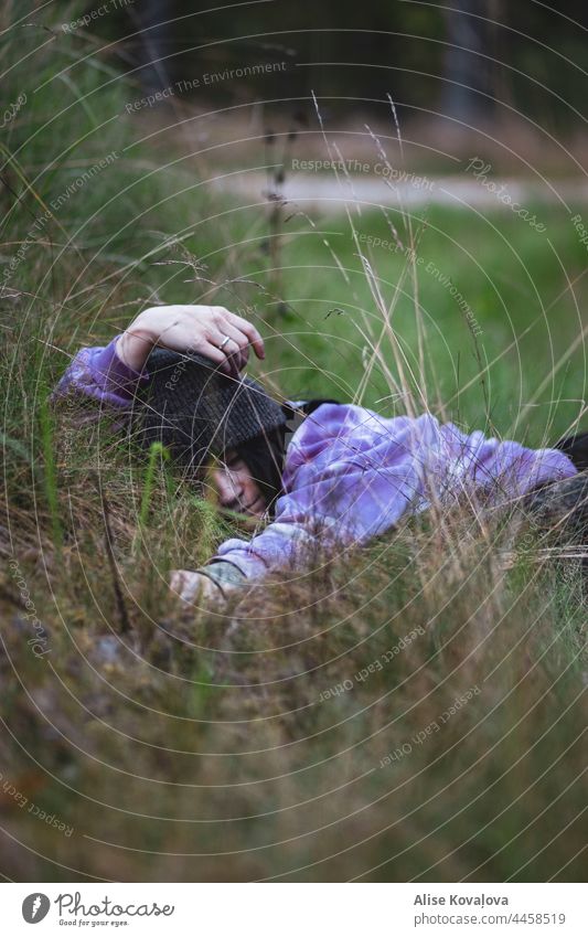 forest bed portrait Girl sleeping Forest person Nature comfortable lying outside portrait of a woman Hat Early fall Grass Sleeping in grass resting cozy