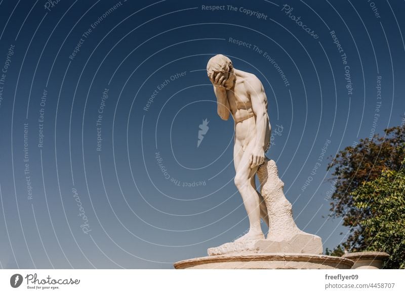 Statue making a facepalm against sky grief statue Vidal Henri marble artwork architecture sculpture stone blue europa history old travel white man muscular