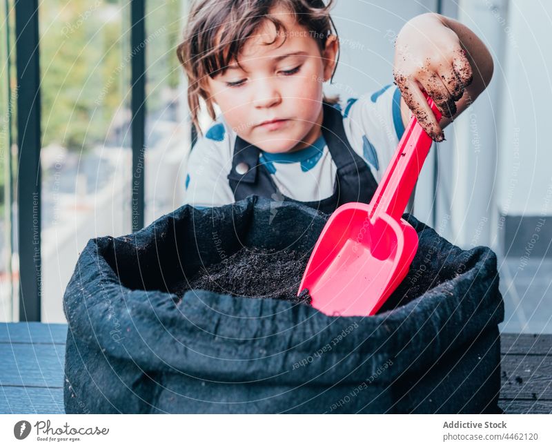 Little girl playing with a plastic shovel in the pot with soil child hand reach out dry natural botany kid horticulture floral plant childhood ground garden