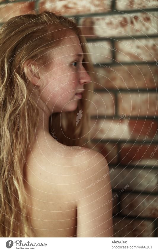 Close up of a naked young woman with freckles and red hair standing in front of a brick wall portrait Near proximity Emanation tranquillity vigorous pretty