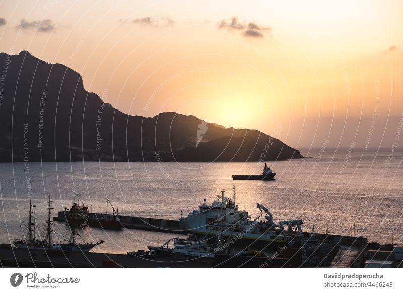 Small town in volcano valley island coast panorama vacation sunset Cape Verde seascape monte cara silhouette Sao Vicente scenic idyllic seaside ocean sky hill