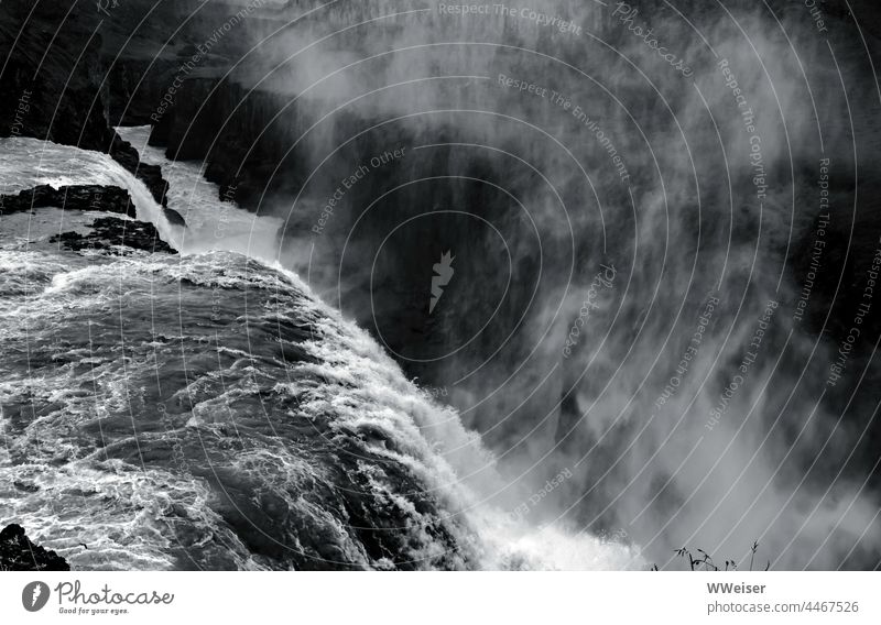 Waterfall, force of water, masses of water crashing down, spray pushing up Iceland Drops of water Force Nature natural spectacle Force of nature element drama