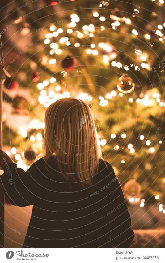 Anticipation - child standing in front of a Christmas tree looking forward to Christmas Child christmas eve silent Joy Tradition Infancy Illuminate Fairy lights