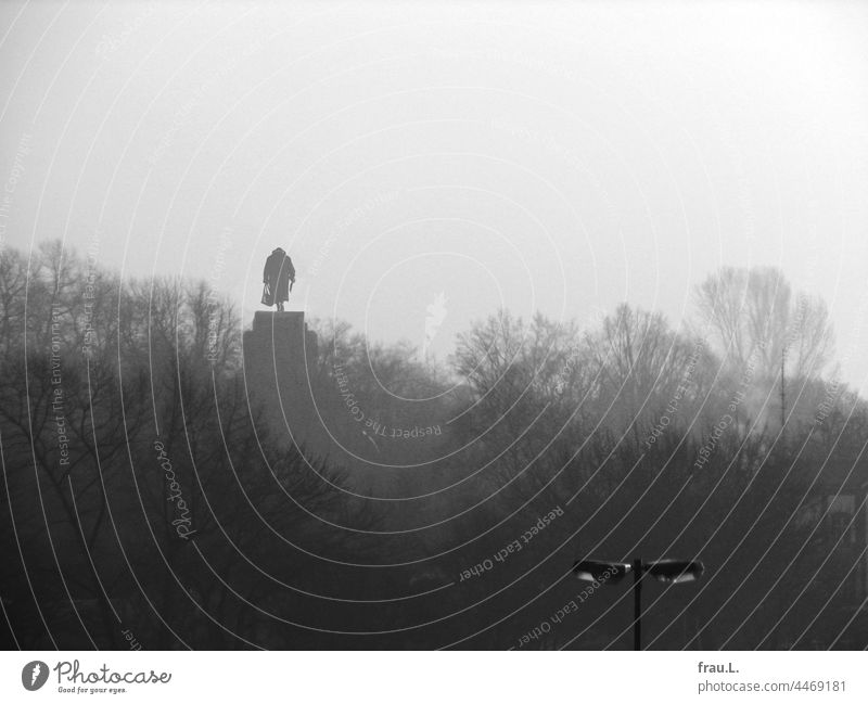 On the pedestal are old lady Lonely Old Woman Coat Hat Crooked Handbag Human being on one's own Photomontage Montage Newspaper Monument Stand Fog Hamburg