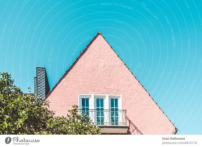 pink house in front of blue light with green tree House (Residential Structure) Roof Architecture Glass preservation structures Green Structures and shapes