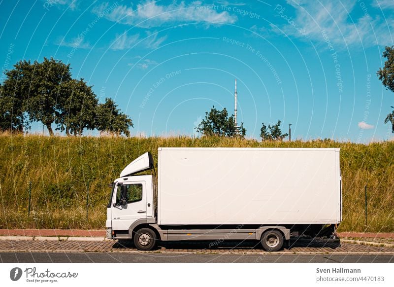 white truck standing on road Truck Logistics lorries Transport lorry Vehicle Delivery Highway Street Cargo Vice Trade Deserted Shipping logistic Container