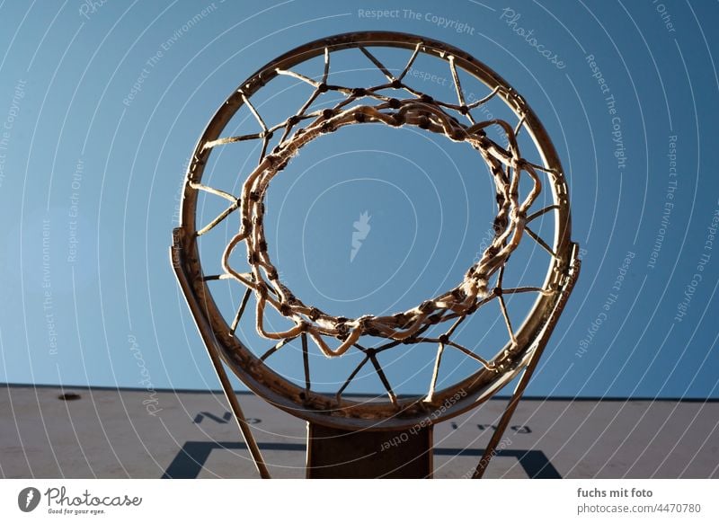 Basketball hoop from below Basketball basket Blue Sky Net no dunking Playing Ball Leisure and hobbies Ball sports Sports Throw Worm's-eye view Day darkening