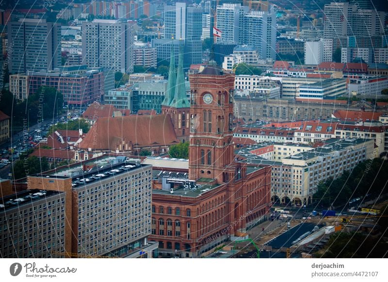 Amidst the skyscrapers in the city stands the Red City Hall in Berlin. City hall Colour photo Landmark Architecture Tourist Attraction Deserted