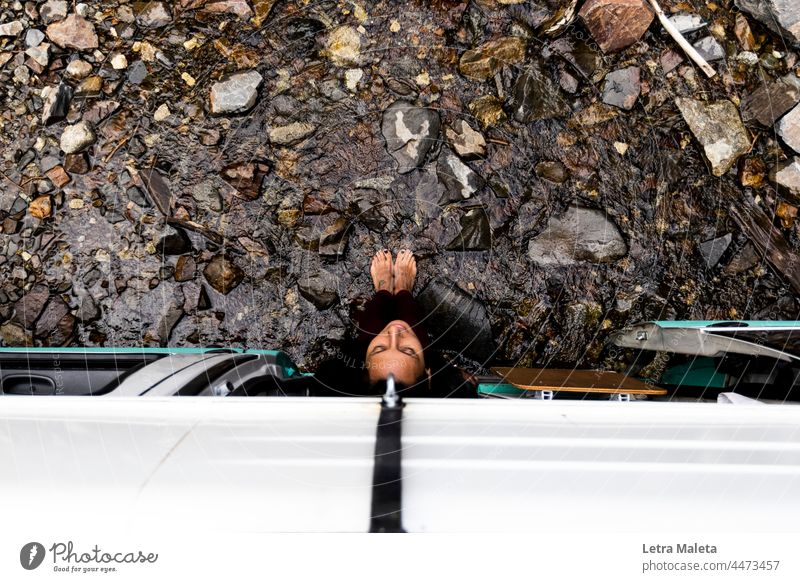 road trip in a campervan Road roadtrip roadway camper van Vanlife Van Life river riverside river landscape campervan girl Feet feet in the river nature