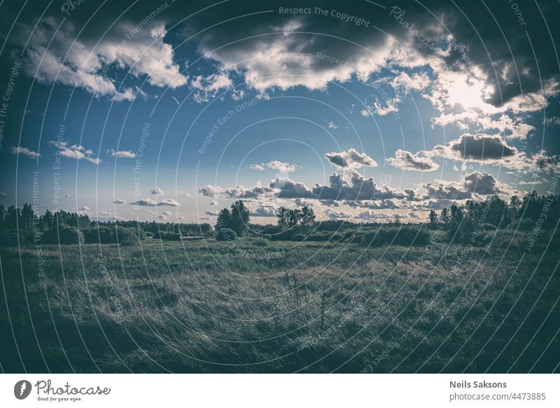 Latvia landscape with clouds meadow and forest in distance, green blue vintage look attraction background beautiful beauty blue sky cloudy color countryside