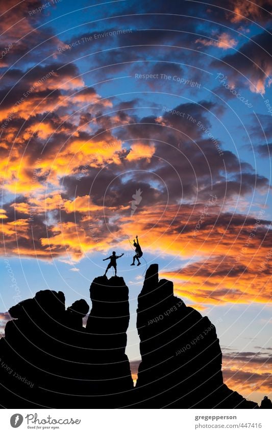 Climbing team on the summit. Adventure Mountaineering Success Masculine Man Adults 2 Human being 18 - 30 years Youth (Young adults) Clouds Peak Jump