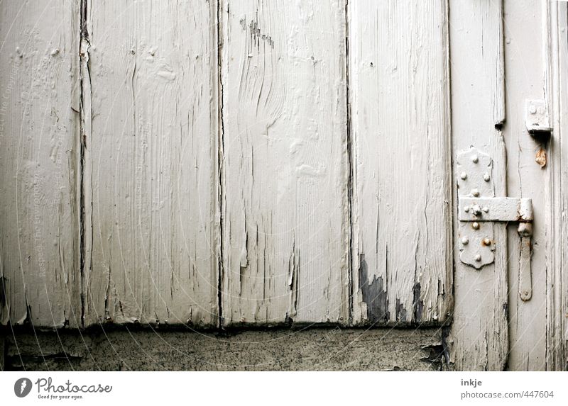 . Deserted Door Wooden door Garden door Hinge Metal fitting Old Gloomy Emotions Moody Decline Transience Flaked off Closed Colour photo Subdued colour