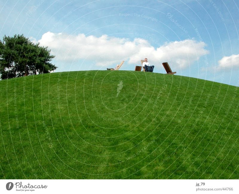 green-blue chillout Grass Green Hill Clouds Relaxation Break Summer's day Autostadt Museum Wolfsburg Autoturm Man Seating Park Tree Beautiful weather Mountain