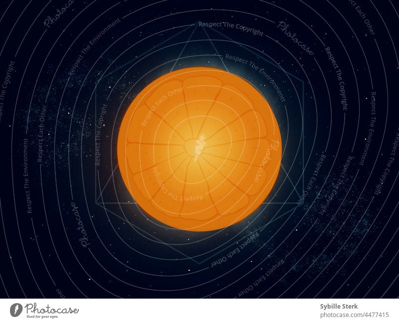 Orange moon with geometrical symbol behind it on a starry background orange moon geometry surreal conceptual night sky space stars colour galaxies scifi