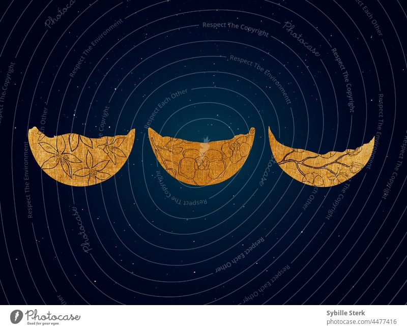 Three golden moon crests with flower elements in a nightsky moon crescent half moon flower moon stars night sky romance astrology astronomy space universe