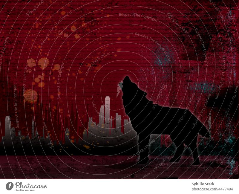 the mystery howling wolf in front a of an abstract cityscape apocalyptic climate climate crisis ecology global warming end of days factories nature destruction