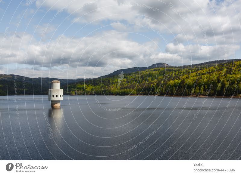 Drinking water dam Frauenau drinking water dam Reservoir River dam Water Tower smile Bavaria Bavarian Forest trees nature conservation Nature reserve