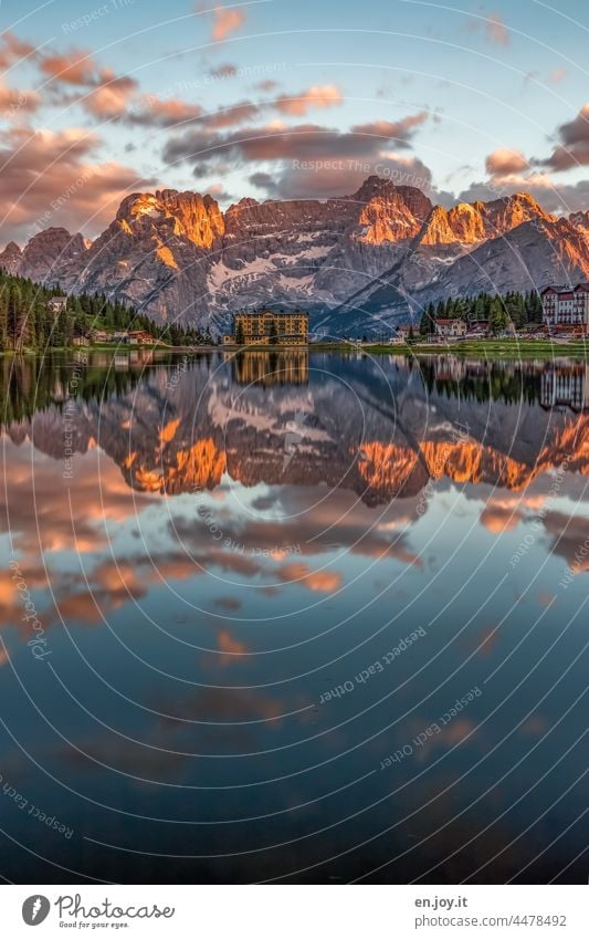 Lake Misurina Dolomites mountain lake reflection Reflection evening mood Sunset alpenglow Clouds Evening Water Lakeside Idyll Deserted Dusk Sunlight Mountain