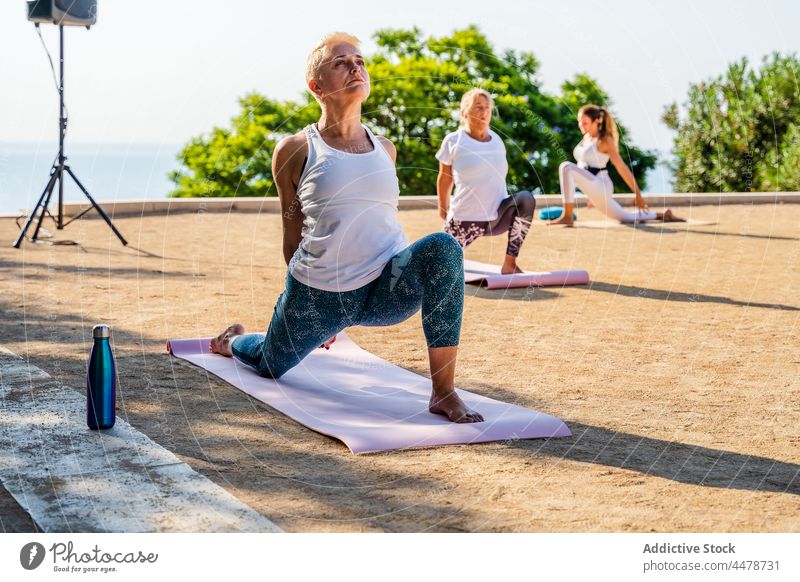 Women doing crescent lunge on knee with hands interlaced during yoga session women practice park activewear wellness instructor calm balance exercise female