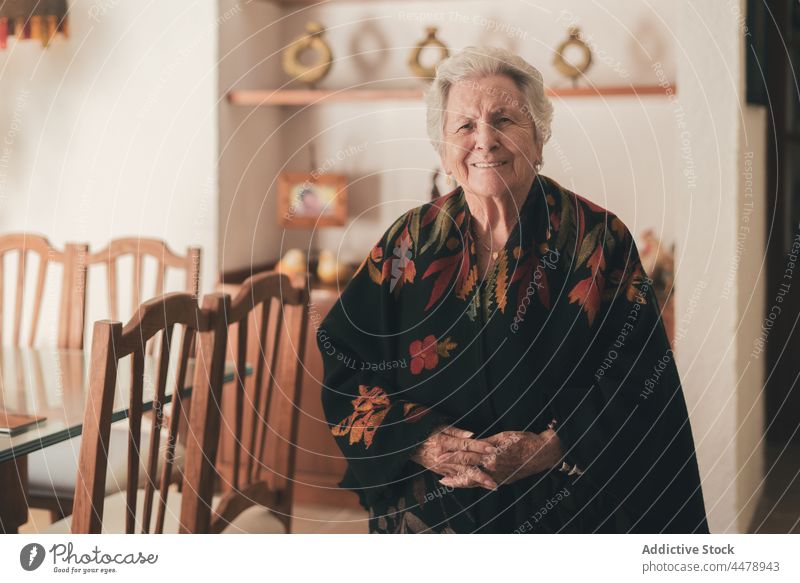 Senior smiling woman in warm shawl in dining room elderly wrinkle kind gray hair pensioner retire age senior portrait ornament natural appearance mood