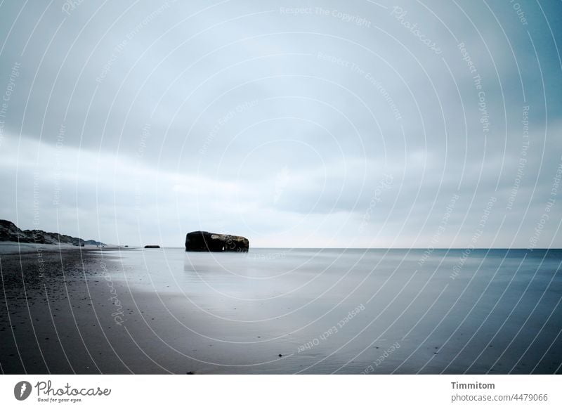 Bunker on the beach of the North Sea Ocean Water coast Beach Sand dunes Dugout Horizon Sky Clouds Blue White Brown Calm Vacation & Travel North Sea coast