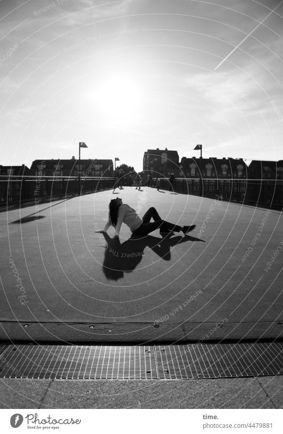 UT Teufelsmoor | Sun Deck Tar Yard Bridge Woman sunbathe sunny Back-light Shadow Relaxation Skyline Lounge Asphalt Bremen Grating Whimsical houses Clouds