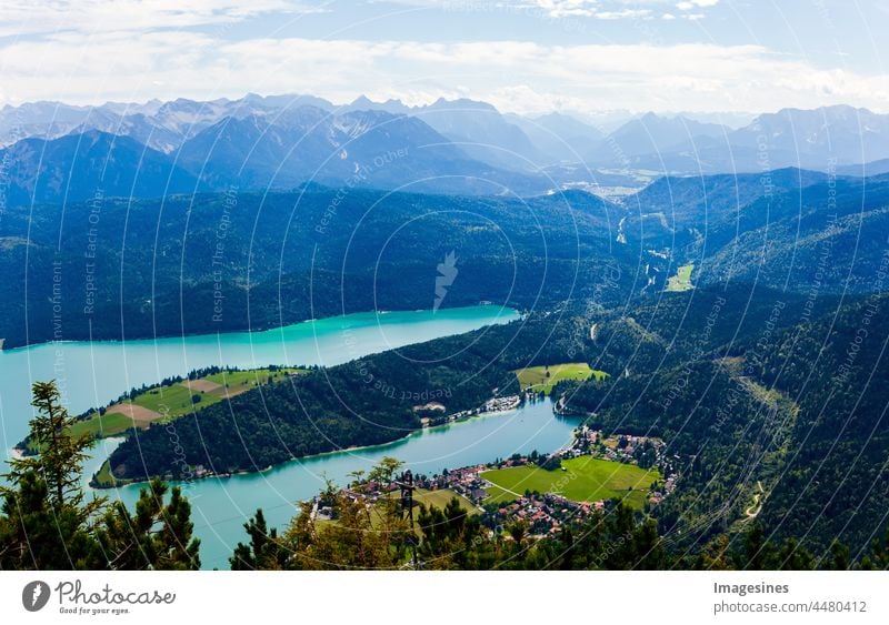 Lake and mountains. Aerial view of Bavarian village Walchensee with alp lake Walchensee in Bavarian Prealps, Karwendel Mountains. Bavaria, Germany, Europe. View from Herzogstand