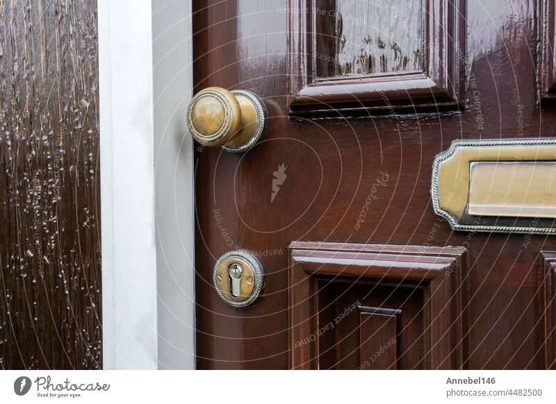 Front door of dark brown wood with traditional gold colored mailbox wooden front antique texture style classic golden detail post letter house home vintage