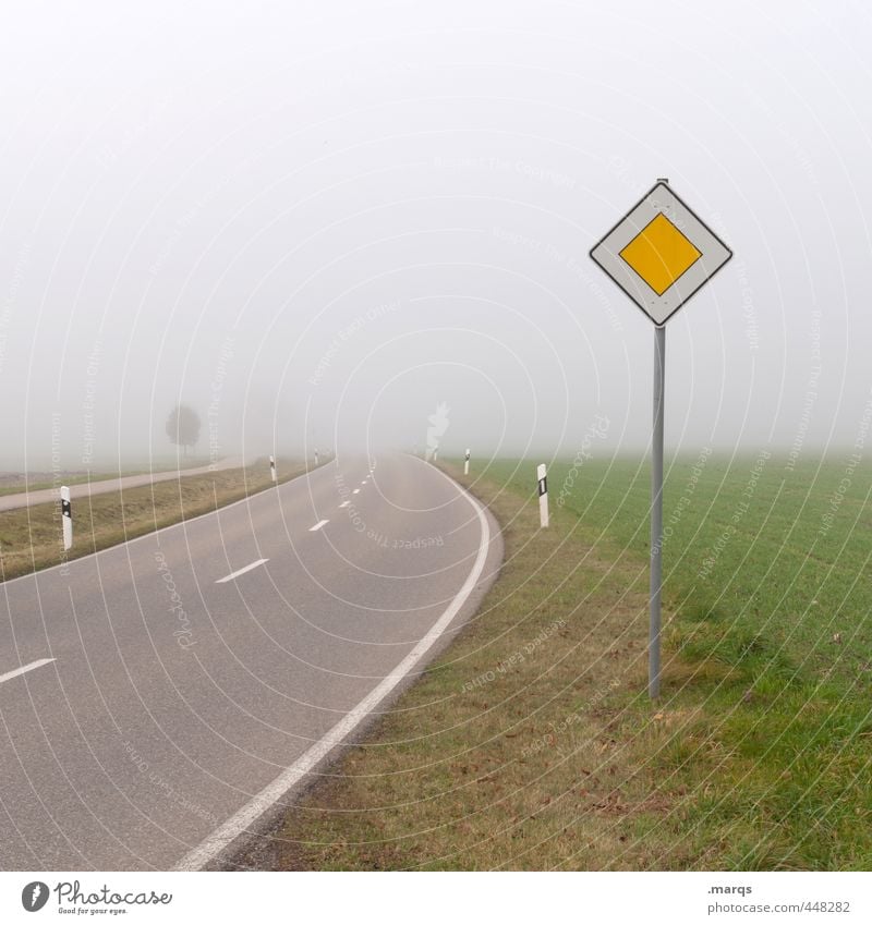 right of way Trip Environment Nature Landscape Autumn Climate Bad weather Fog Meadow Transport Traffic infrastructure Road traffic Street Lanes & trails Sign