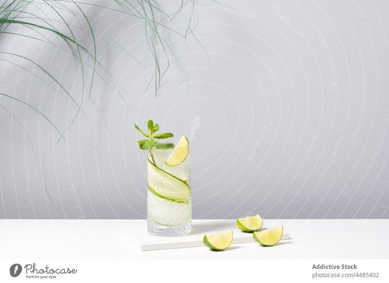 Refreshing cocktail with lime and cucumber served on white table gin tonic citrus alcohol mint beverage fruit cool ingredient delicious sour sunlight aperitif