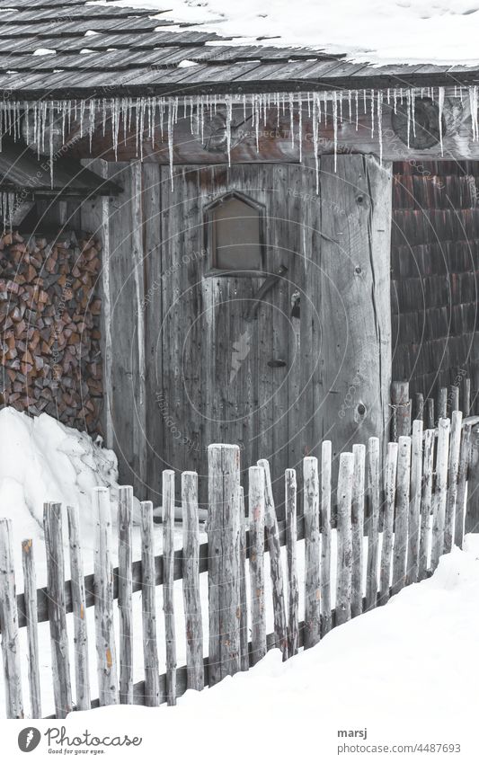 Noticeable cold. The main thing is wood in front of the hut. Icicles from above, picket fence from below. Hut Cold Frost Alpine hut Uniqueness Weathered Idyll