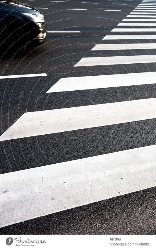 A car approaches a crosswalk, pedestrian crossing. Zebra crossing Pedestrian crossing Road traffic danger spot Signs and labeling Traffic infrastructure Street