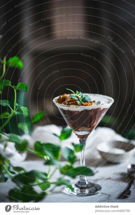 Tasty chocolate and coconut mousse dessert sweet treat glass delicious mint garnish leaf yummy gourmet fresh tasty portion food serve table green plant