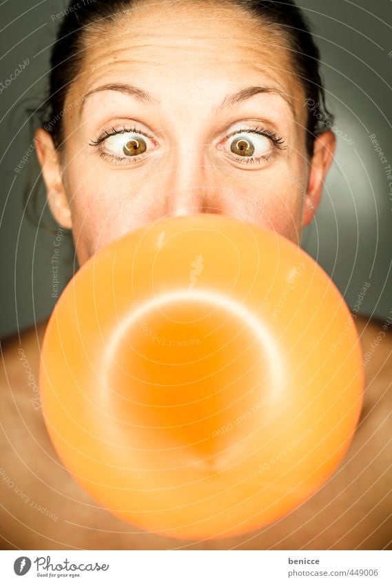 balloon Woman Human being Balloon Orange Blow Birthday Air Grimace Joy Feminine European Young woman Close-up Chewing gum Round