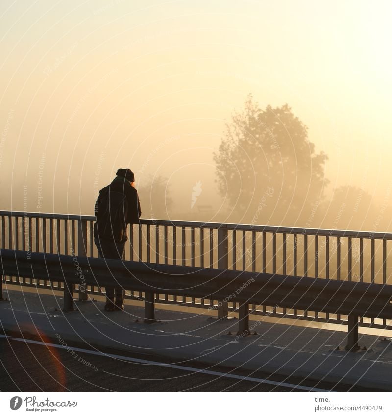 UT Teufelsmoor | Favorite Place Woman Bridge Bridge railing Sunrise Fog Sky Clouds Tree Haze Moody Peaceful Expectation Nature Cold Cap lens flair Street