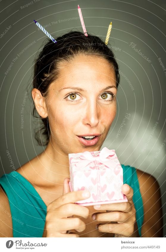 Happy B 2 Woman Human being Birthday Gift Package Candle Party Looking into the camera Pink Workshop Studio shot Young woman European Portrait photograph