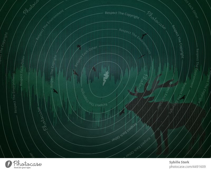 Abstract forest with stag and birds trees abstract deer conceptual green nature wild