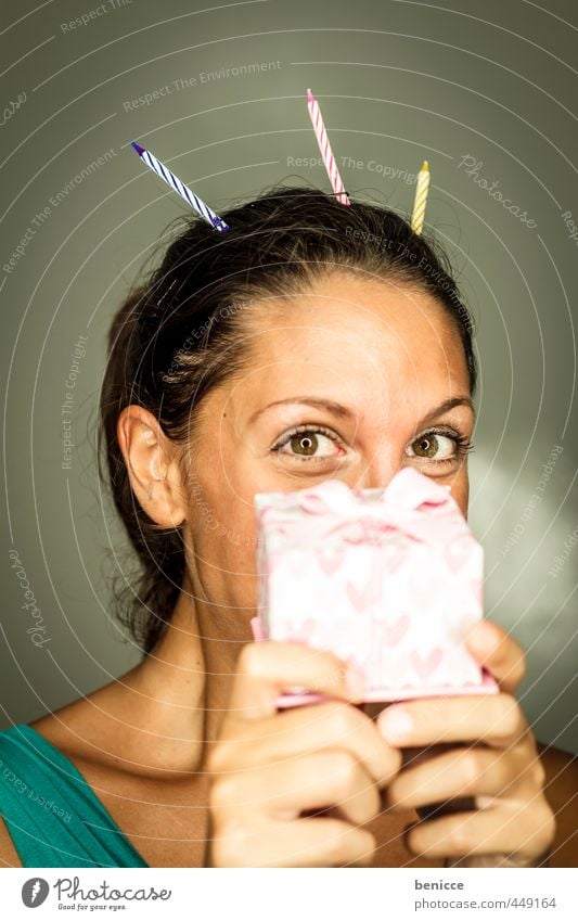 Happy B Woman Human being Birthday Gift Package Candle Party Looking into the camera Pink Workshop Studio shot Young woman European Portrait photograph