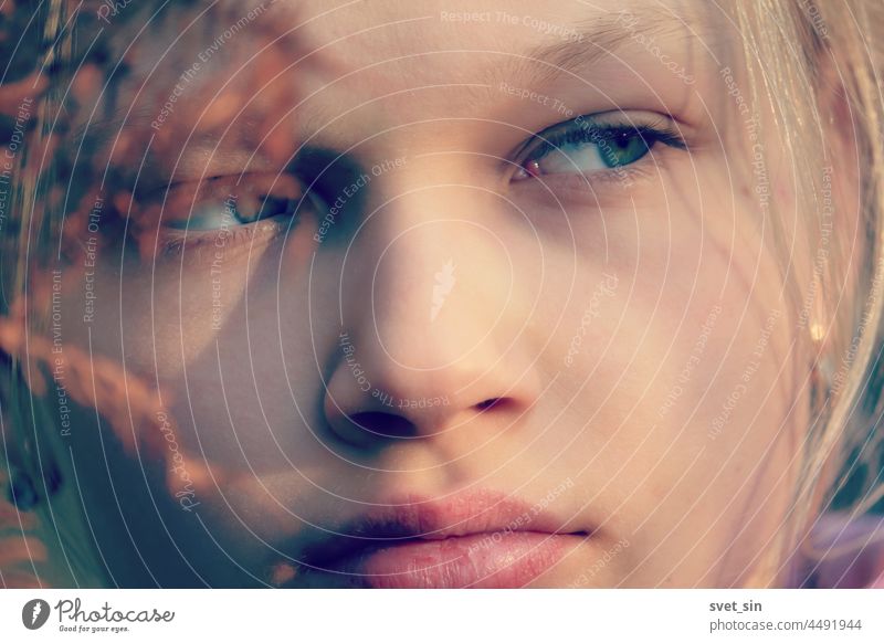 Close-up of the girl's face framed by blond hair and dry fern leaf. Portrait of a blonde girl looking to the side, outdoors. portrait young Lips eyes beauty