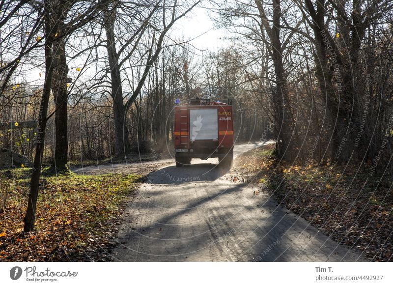 a polish fire brigade from behind in autumn Poland Fire department Autumn car Deserted Colour photo Exterior shot Day Nature Landscape Environment Tree