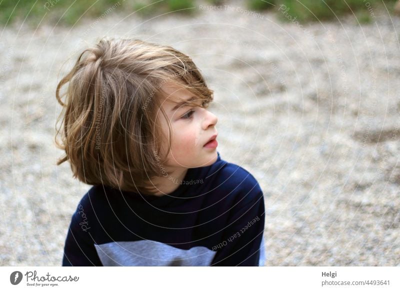 Portrait of a boy with half-length dark blond hair looking to the side Child Human being Boy (child) Schoolchild portrait View to the side Upper body