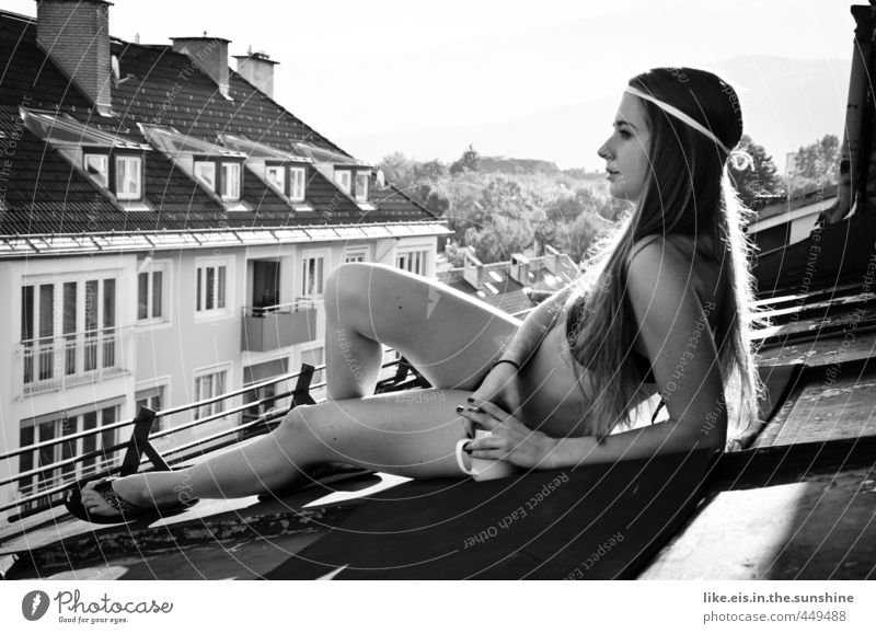 in the morning on the roof.... Well-being Contentment Senses Relaxation Calm Feminine Young woman Youth (Young adults) Woman Adults Life 1 Human being