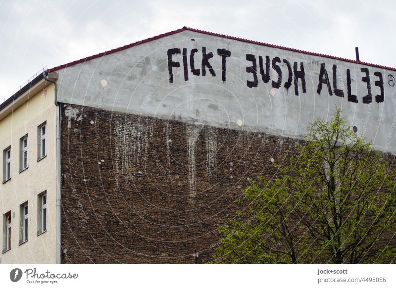 FUCKS EUSCH ALLEE Fire wall Kreuzberg Berlin Street art Capital letter Word German Facade Neutral Background Graffiti Deciduous tree Sky Cuss word