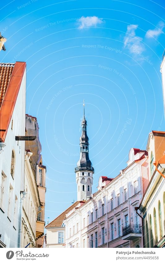 Tallinn Town Hall Tower, Old Town City Center Architecture in Estonia town hall Old town Blue sky medieval colorful Europe