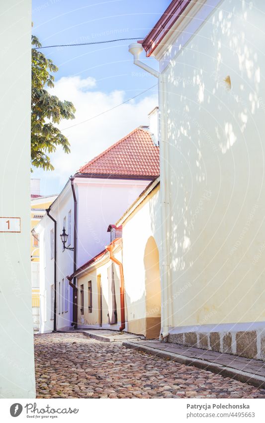 Cobblestone street in the old town city center of Tallinn, Estonia, with its pastel buildings cobblestone Street Old town Architecture Empty City centre