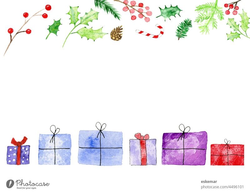 Christmas Watercolor Aqarell Copy Space Frame gifts Christmas presents fir branches Ilex Berries background White whiter white background exempt Isolated Image