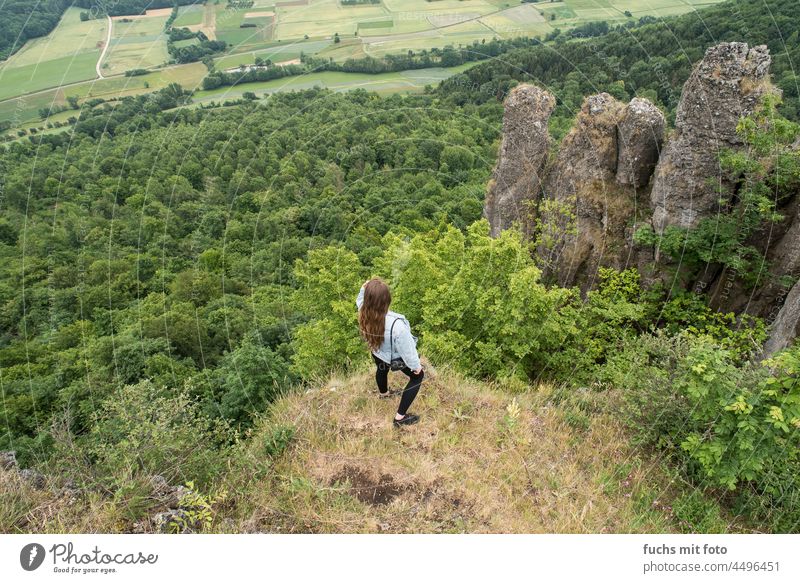 View, Young woman looking into the distance, Outdoor farsightedness Nature Woman outdoor mountains fields Green long hairs Rock Franconian Switzerland